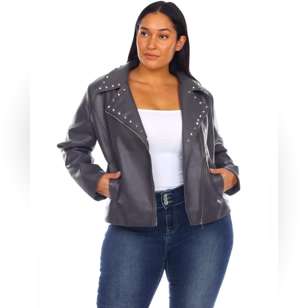 Faux Leather, Gray Studded, Moto Jacket!